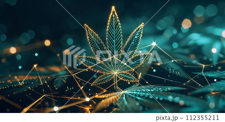 Marijuana leaf in a glowing hologram, connected by shining lines on dark background. Futuristic banner with neon marijuana leaf on dark background 112355211