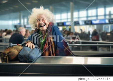 AI-generated content. Happy Elderly Woman at Airport, Excited for Adventurous Journey.Generated image AI-generated content. Happy Elderly Woman at Airport, Excited for Adventurous Journey.Generated image 112355217
