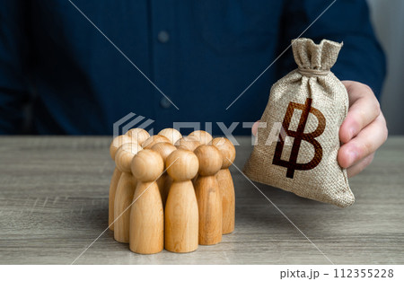 Man adjusts and thai baht money bag to a crowd of people. Providing money, paying salaries and grants. Compensation payments. Social assistance to victims of conflict. Financial support. 112355228