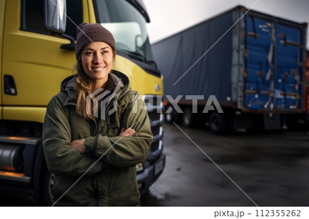 AI-generated content. Female Trucker Takes a...のイラスト素材 [112355262] - PIXTA