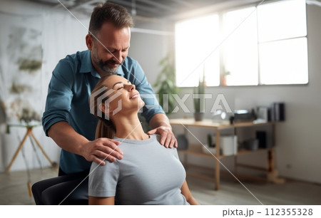 AI-generated content. Chiropractor Performing Neck Adjustment and Massage on Woman.Generated image 112355328