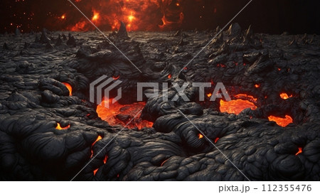 溶岩流として吹き出し流れ出るマグマ 112355476