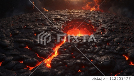 溶岩流として吹き出し流れ出るマグマ 溶岩流として吹き出し流れ出るマグマ 112355477