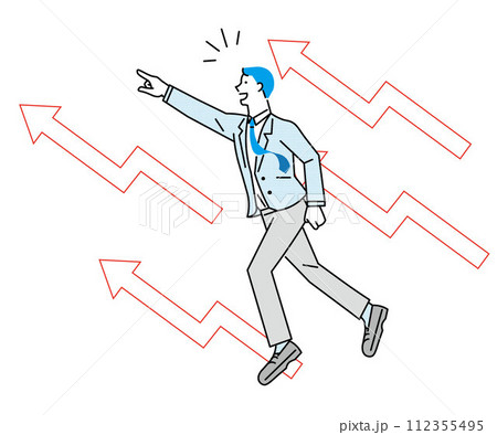 横顔の男性ー上に向かう矢印ー成功ー指差しー走る男性ービジネスマンー白バックイラストベクター素材 112355495