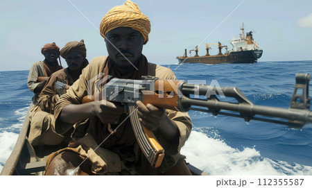Modern day sea pirates attacking cargo ship, boat with armed people sails off coast. Men holding machine gun in ocean. Concept of piracy, business, yemen and somalia Modern day sea pirates attacking cargo ship, boat with armed people sails off coast. Men holding machine gun in ocean. Concept of piracy, business, yemen and somalia 112355587