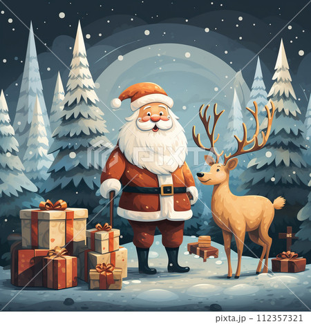 Santa Claus with reindeer and gifts in the forest at night illustration. Generative AI 112357321