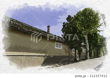 水彩画風　小布施　北斎館通り　長野県小布施町 112357412