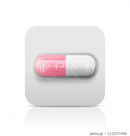 Vector Realistic Pharmaceutical Medical Pink Pill, Vitamins, Capsule in Blister Closeup Isolated. Pill in Blister Packaging Design Template. Front View. Medicine, Health Concept 112357446
