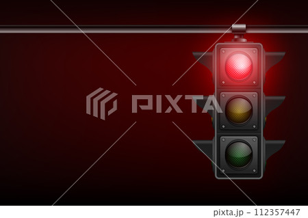 Vector Realistic Banner with Hanging Traffic Light with Glowing Red Prohibiting Signal Isolated on Black Background 112357447