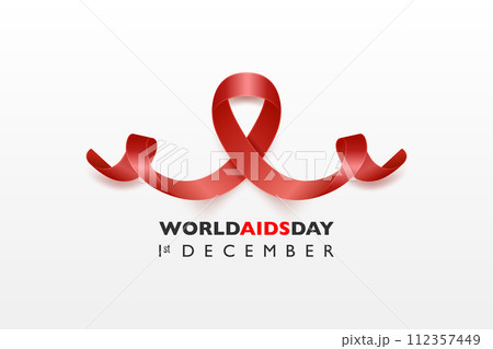 World AIDS Day Banner. AIDS Awareness Red Silk Ribbon on a White Background. AIDS Day Concept. Design Template for 1st December Poster, Placard, Card, AIDS Awareness 112357449