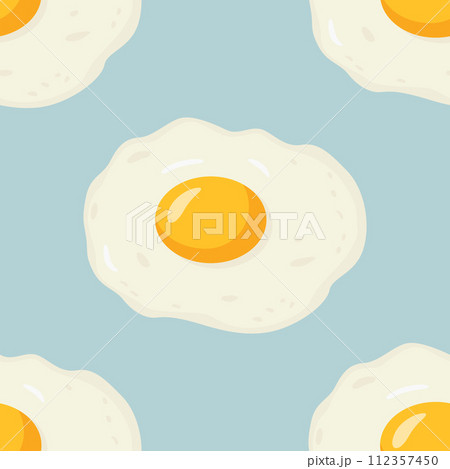 Vector Seamless Pattern with Flat Fried Egg, Omelet on a Blue Background. Healthy Breakfast, Protein Food, Diet Meal Concept. Design Template 112357450