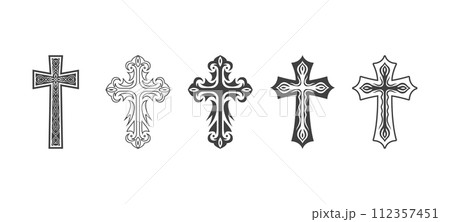 Flat Vector Black Christian Cross Icons Set Isolated on a White Background. Line Silhouette Cut Out Christian Crosses Collection 112357451