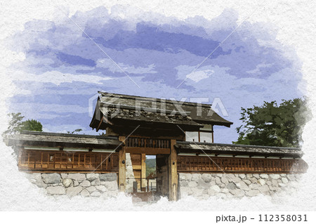 水彩画風 松代 松代城跡 太鼓門 長野県長野市 水彩画風 松代 松代城跡 太鼓門 長野県長野市 112358031