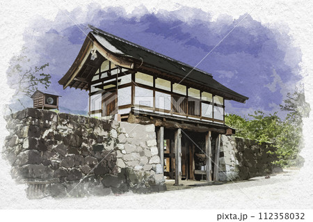 水彩画風 松代 松代城跡 太鼓門 長野県長野市 水彩画風 松代 松代城跡 太鼓門 長野県長野市 112358032