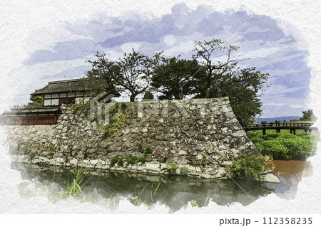 水彩画風　松代　松代城跡　本丸石垣と東不明門　長野県長野市 112358235