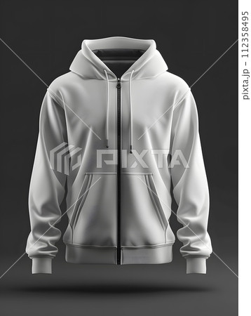AI-generated content. A white hoodie featuring a zipper, set against a black background. The contrasting colors create a striking visual impact, ideal for casual or athletic wear 112358495