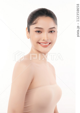 Beautiful Young transgender woman with clean fresh skin on white background, Face care, Facial treatment, Cosmetology, beauty and spa, transgender women portrait. 112358658