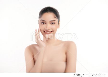 Beautiful Young transgender woman with clean fresh skin on white background, Face care, Facial treatment, Cosmetology, beauty and spa, transgender women portrait. 112358682