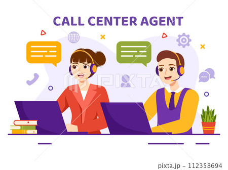Call Center Agent Vector Illustration of Customer Service or Hotline Operator with Headsets and Computers in Flat Cartoon Background 112358694