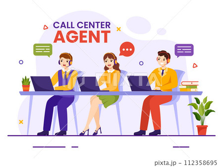 Call Center Agent Vector Illustration of Customer Service or Hotline Operator with Headsets and Computers in Flat Cartoon Background 112358695