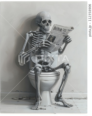 AI-generated content. A skeleton, with sunglasses perched on its skull, is sitting on a toilet reading a newspaper. Its rib cage, human anatomy, and bones are visible under its sleeve AI-generated content. A skeleton, with sunglasses perched on its skull, is sitting on a toilet reading a newspaper. Its rib cage, human anatomy, and bones are visible under its sleeve 112358906