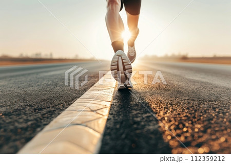 lose-up, Marathon running race people competing in fitness and healthy active lifestyle feet on road, Generative AI 112359212