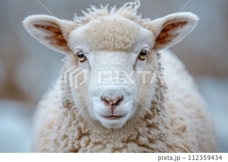 AI-generated content. A sheep with a white face and brown ears is staring at the camera. Generative AI 112359434