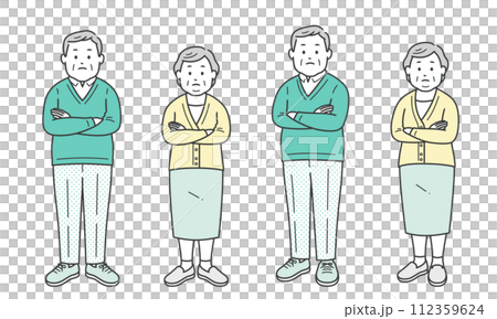 Fat elderly men and women thinking with their arms folded Fat elderly men and women thinking with their arms folded 112359624