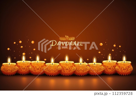Happy Diwali poster or banner design with illuminated oil lamps on blurred lighting background Happy Diwali poster or banner design with illuminated oil lamps on blurred lighting background 112359728
