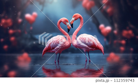 Couple of cute flamingo on fantasy aesthetic valentines scenery background 112359743