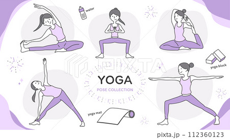 ヨガのポーズとヨガグッズのセットイラスト 112360123
