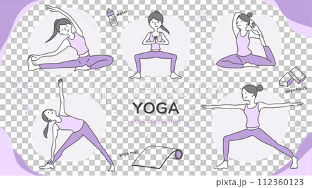 ヨガのポーズとヨガグッズのセットイラスト 112360123