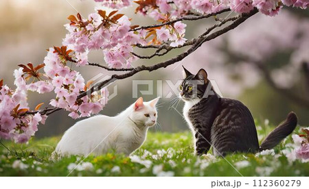 桜を見つめる猫 112360279