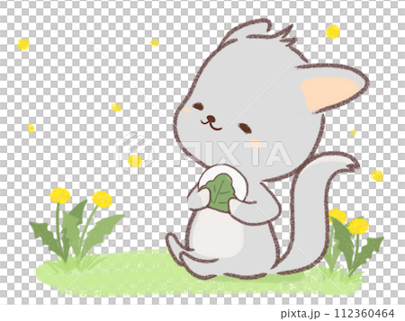 柏餅を持つチンチラとタンポポのイラスト 112360464