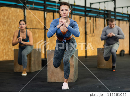 Fit young woman box jumping at crossfit style in gym class. Fitness, crossfit, functional, training, and lifestyle concept Fit young woman box jumping at crossfit style in gym class. Fitness, crossfit, functional, training, and lifestyle concept 112361053
