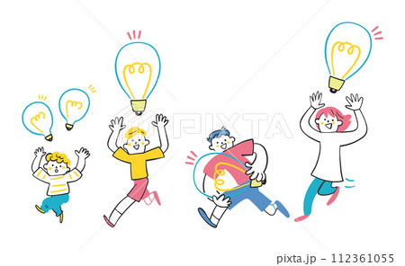 元気な僕らはアイディアで弾んでる アイディアの電球いっぱいの子供たち セット イラスト素材 元気な僕らはアイディアで弾んでる アイディアの電球いっぱいの子供たち セット イラスト素材 112361055