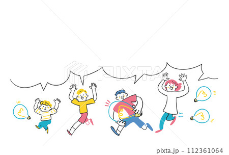 元気な僕らはアイディアで弾んでる　アイディアの電球いっぱいの子供たち　セット　イラスト素材				 112361064