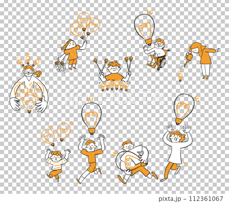 我們是充滿活力、充滿想法的人 孩子們擺滿了想法燈泡插畫素材 112361067