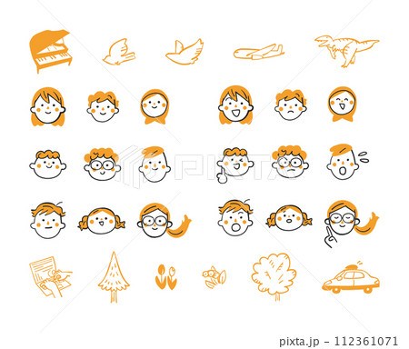 子供たちの表情集と木や鳥や飛行機他　セット　イラスト素材 112361071
