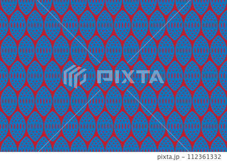 Illustration, pattern of blue rugby shape on red background. Illustration, pattern of blue rugby shape on red background. 112361332