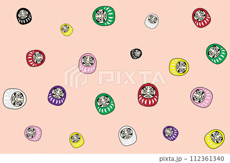 Illustration, pattern japan dall of daruma with lucky color on soft orange background. Illustration, pattern japan dall of daruma with lucky color on soft orange background. 112361340