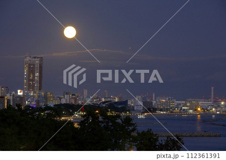 須磨浦公園から見る須磨海岸とスーパームーン（ハンターズムーン）、神戸の夜景/日本の渚百選 112361391