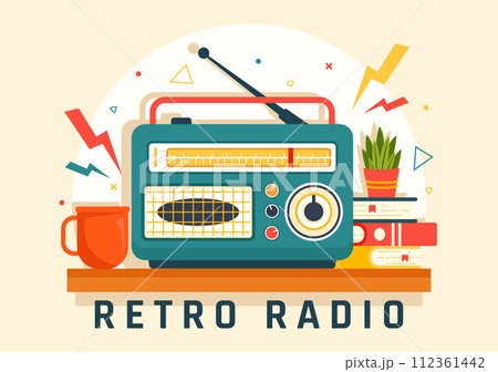 Retro Radio Vector Illustration with Player Style for Record, Old Receiver, Interviews Celebrity and Listening to Music in Flat Cartoon Background Retro Radio Vector Illustration with Player Style for Record, Old Receiver, Interviews Celebrity and Listening to Music in Flat Cartoon Background 112361442