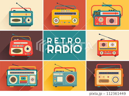 Retro Radio Vector Illustration with Player Style for Record, Old Receiver, Interviews Celebrity and Listening to Music in Flat Cartoon Background 112361449