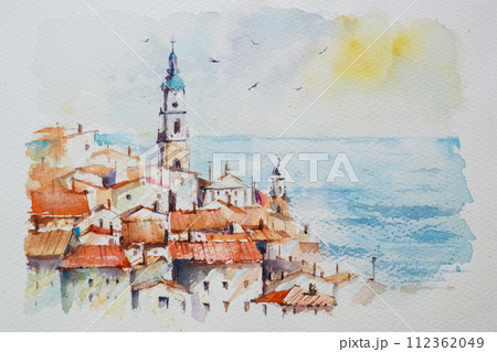 南フランス マントン 水彩画 風景画のイラスト素材 [112362049] - PIXTA