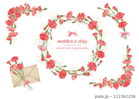 水彩で描いた母の日のカーネーションの素材セット 112362256