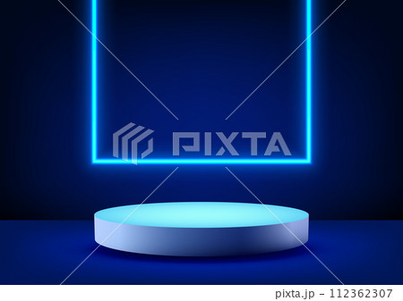 3D realistic white cylinder podium against a dark studio room backdrop, illuminated by a glowing neon square. Technology concept 3D realistic white cylinder podium against a dark studio room backdrop, illuminated by a glowing neon square. Technology concept 112362307
