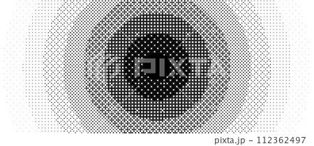 Radial pixelated gradient texture. Black and white dithered round gradation. Retro circle video game background. Halftone 8 bit wallpaper. Vintage circular pixel print. Vector bitmap overlay backdrop Radial pixelated gradient texture. Black and white dithered round gradation. Retro circle video game background. Halftone 8 bit wallpaper. Vintage circular pixel print. Vector bitmap overlay backdrop 112362497