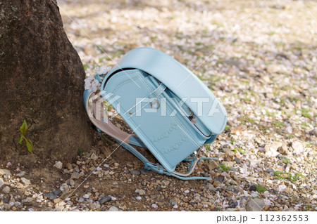 桜の木の下の水色のランドセル。春、入学イメージ 112362553