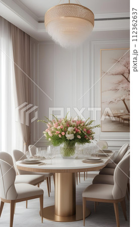 テーブルの上の春の花があるモダンで豪華なエレガントなダイニング ルーム 112362637